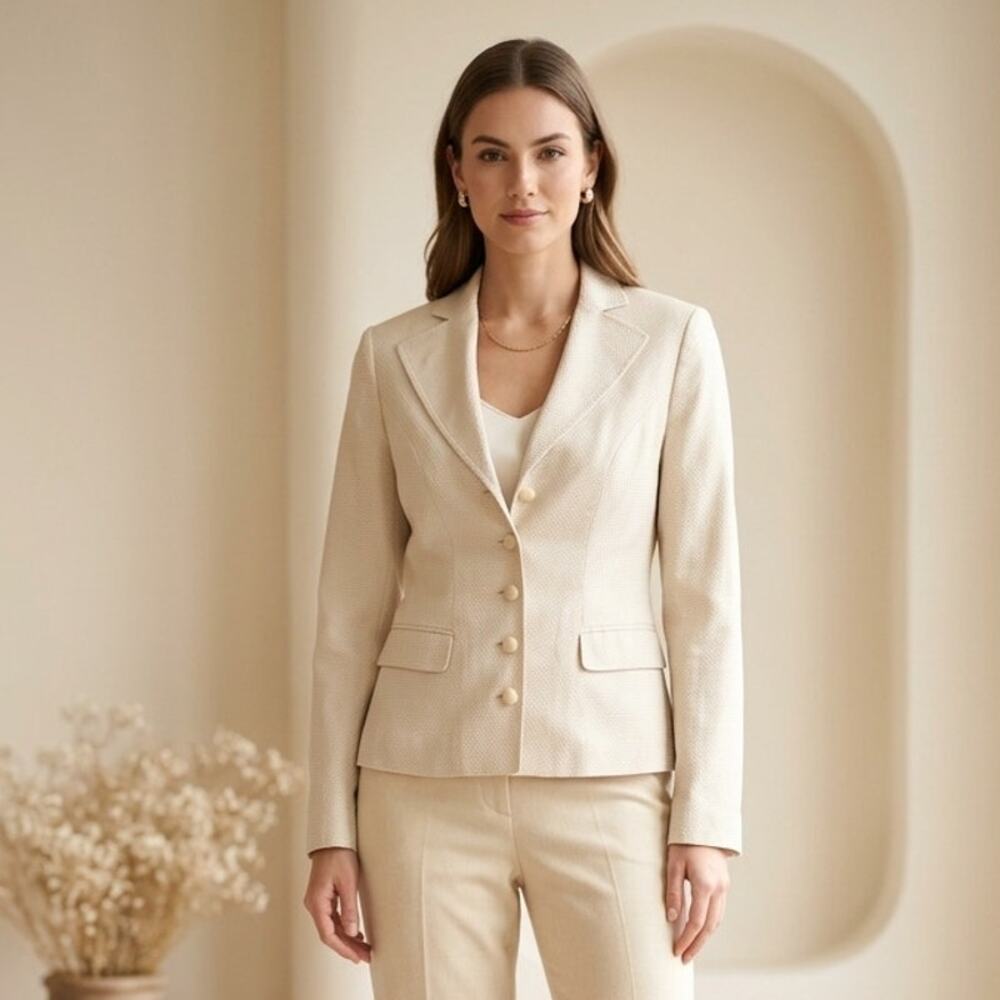 Etcetera Blazer Jacket Women's 4 Cream Textured Micro-Dot Notch Lapel Front Flap